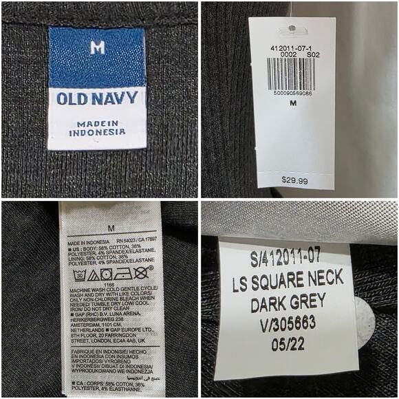 NWT Old Navy Long Sleeve Rib-Knit Bodysuit Square Neck, Dark Gray, Medium - Picture 3 of 6